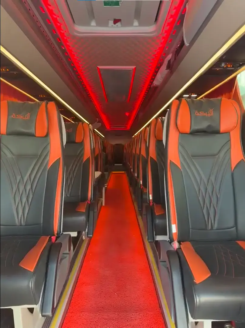 Inside a VIP Umrah bus from Riyadh with wide reclining seats